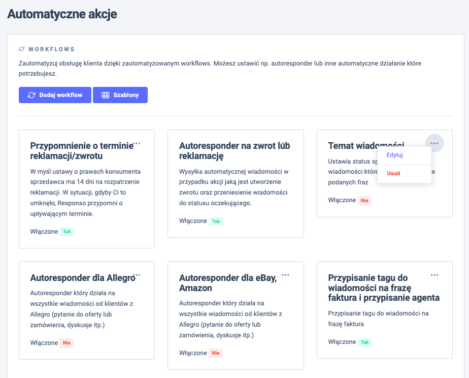 automatyczne akcje - włączanie i usuwanie